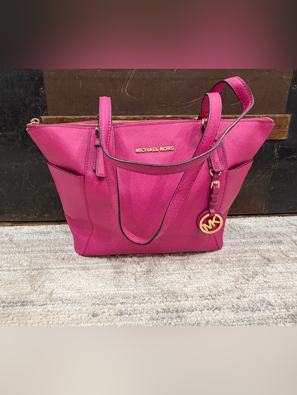 Michael Kors Pink Leather Tote with Gold Logo Charm
